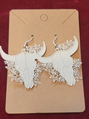 White Floral Bull Skull Dangle Earrings laser-cut Longhorn Boho Cowgirl